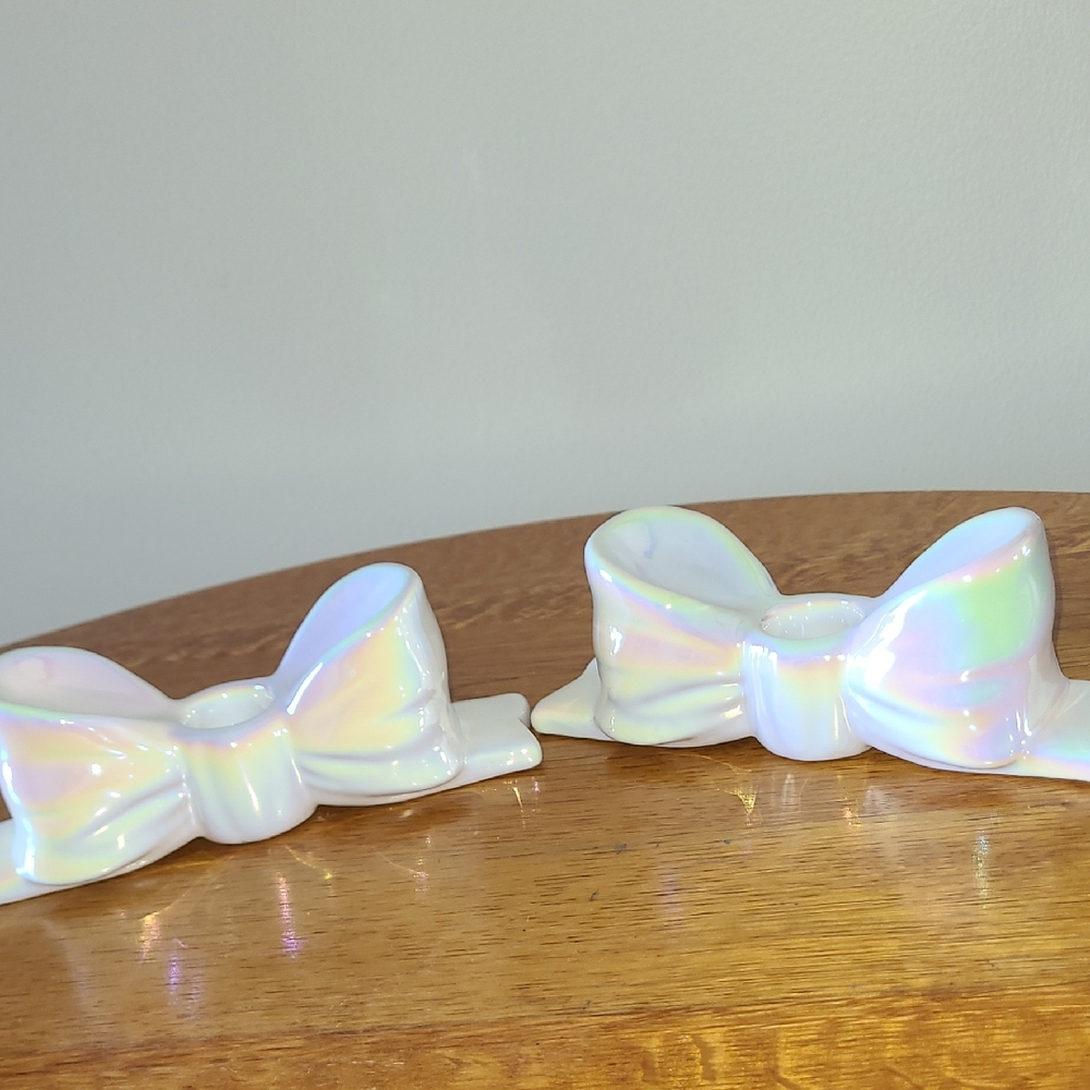 Iridescent Bow Taper Candle Holders